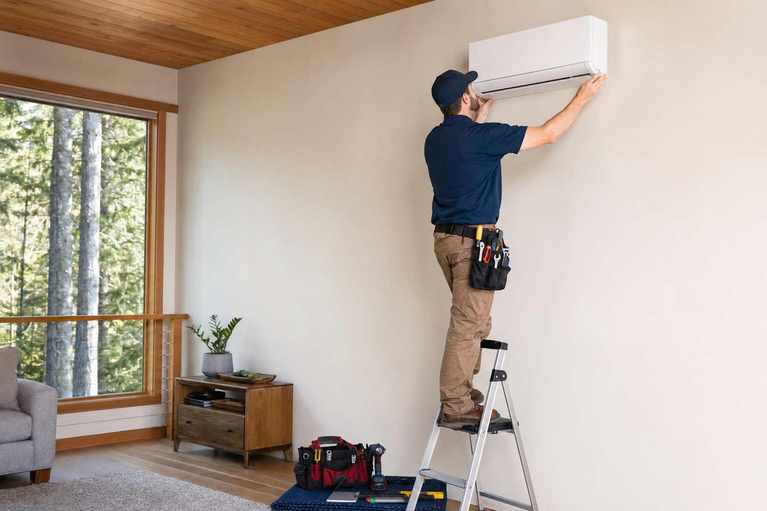 HVAC technician installing a ductless mini-split system in a home